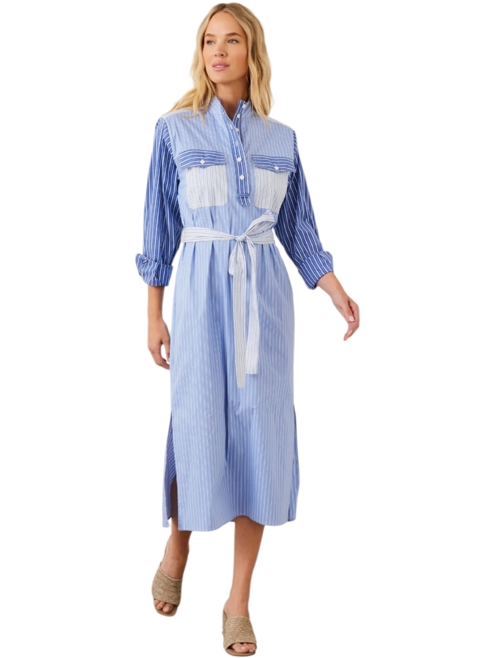 Karen Kane By The Sea Mixed Midi Stripe Belted Long Sleeve Shirtdress